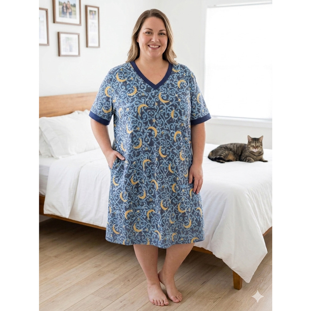 Dreams & Co. Nightgown Moon Star Celestial Blue V-Neck 1X/2X